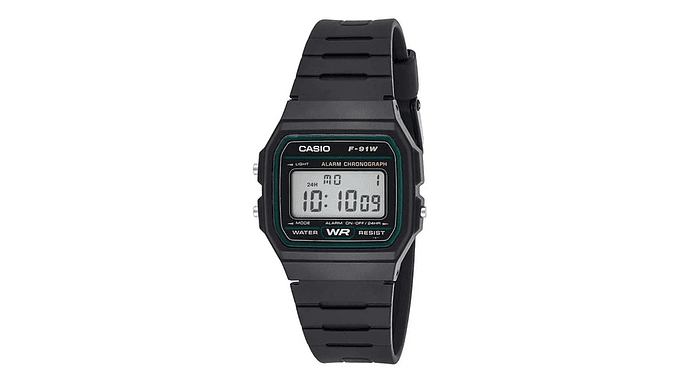 Reloj De Pulsera Casio Collection F-91w-3dg De Cuerpo Color Negro, Digital, Para Hombre, Fondo Gris, Con Correa De Resina Color Negro, Dial Negro, Bisel Color Verde Y Hebilla Sim 1
