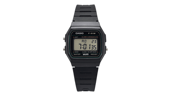 Reloj De Pulsera Casio Collection F-91w-3dg De Cuerpo Color Negro, Digital, Para Hombre, Fondo Gris, Con Correa De Resina Color Negro, Dial Negro, Bisel Color Verde Y Hebilla Sim 6