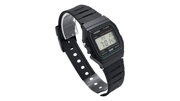 Reloj De Pulsera Casio Collection F-91w-3dg De Cuerpo Color Negro, Digital, Para Hombre, Fondo Gris, Con Correa De Resina Color Negro, Dial Negro, Bisel Color Verde Y Hebilla Sim 7