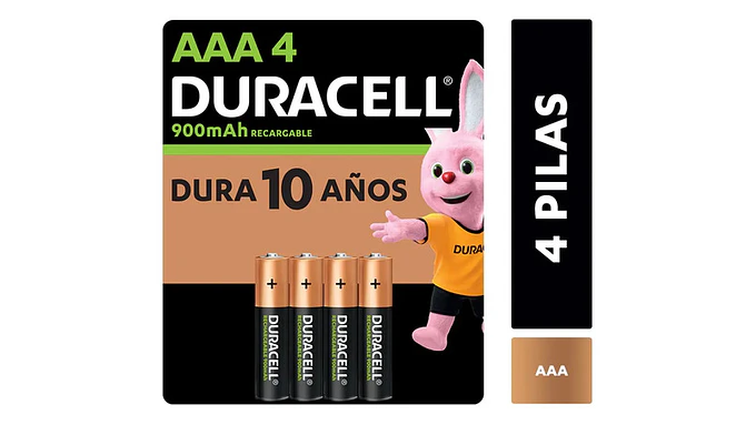 Pila Duracell Recargable Aaa, (4 Pilas De 900mah, Triple A) 1