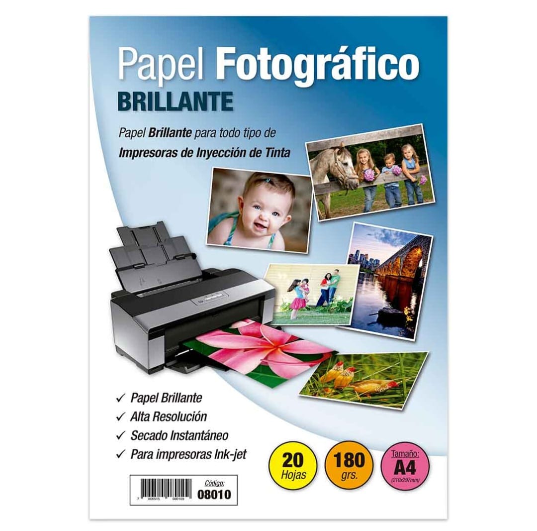 Papel Fotográfico Glossy A4 180gr 20 Hojas Adetec Alta Resolucion Blanco