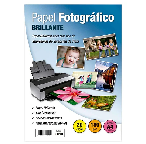 Papel Fotográfico Glossy A4  180gr 20 Hojas Adetec Alta Resolucion Blanco