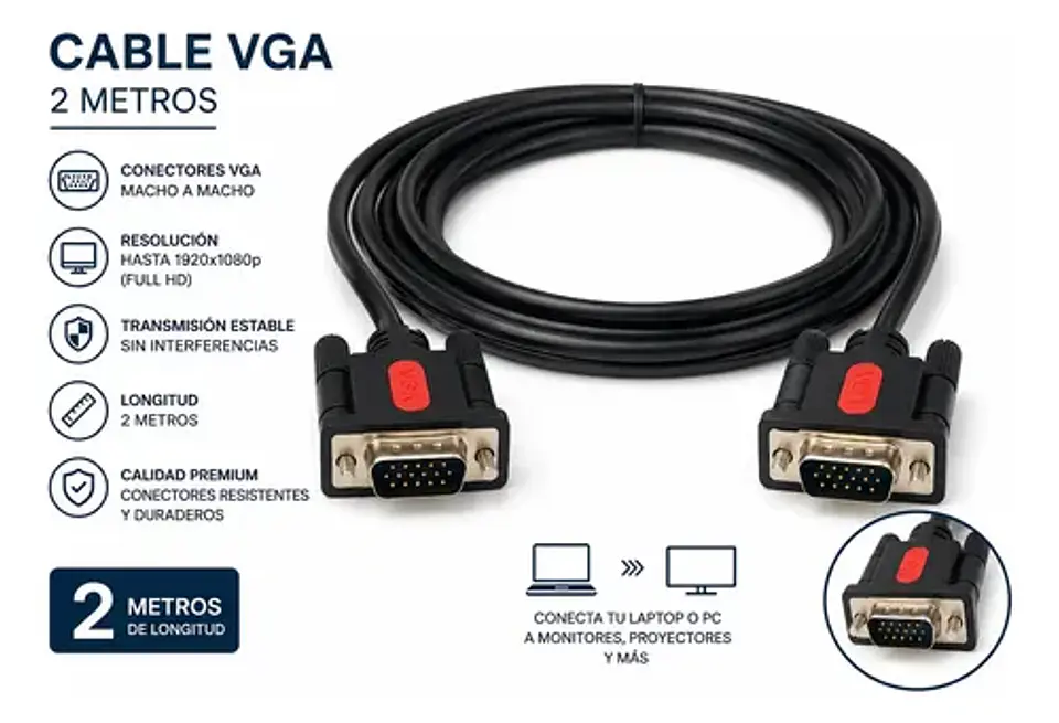 Cable Vga 2 Metros Conectores Gold Monitor Proyector 2