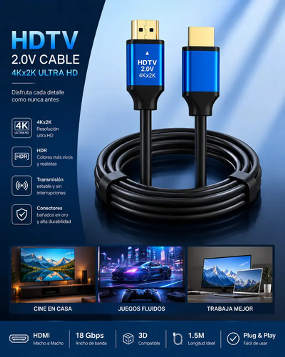 Cable Hdmi 2.0 4k Uhd 3 Metros Alta Velocidad Tv 3