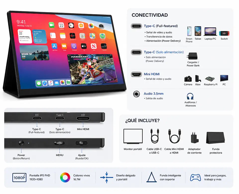 Monitor Portátil 15,6 Pulgadas Con Usb C Full Hd Altavoces 2