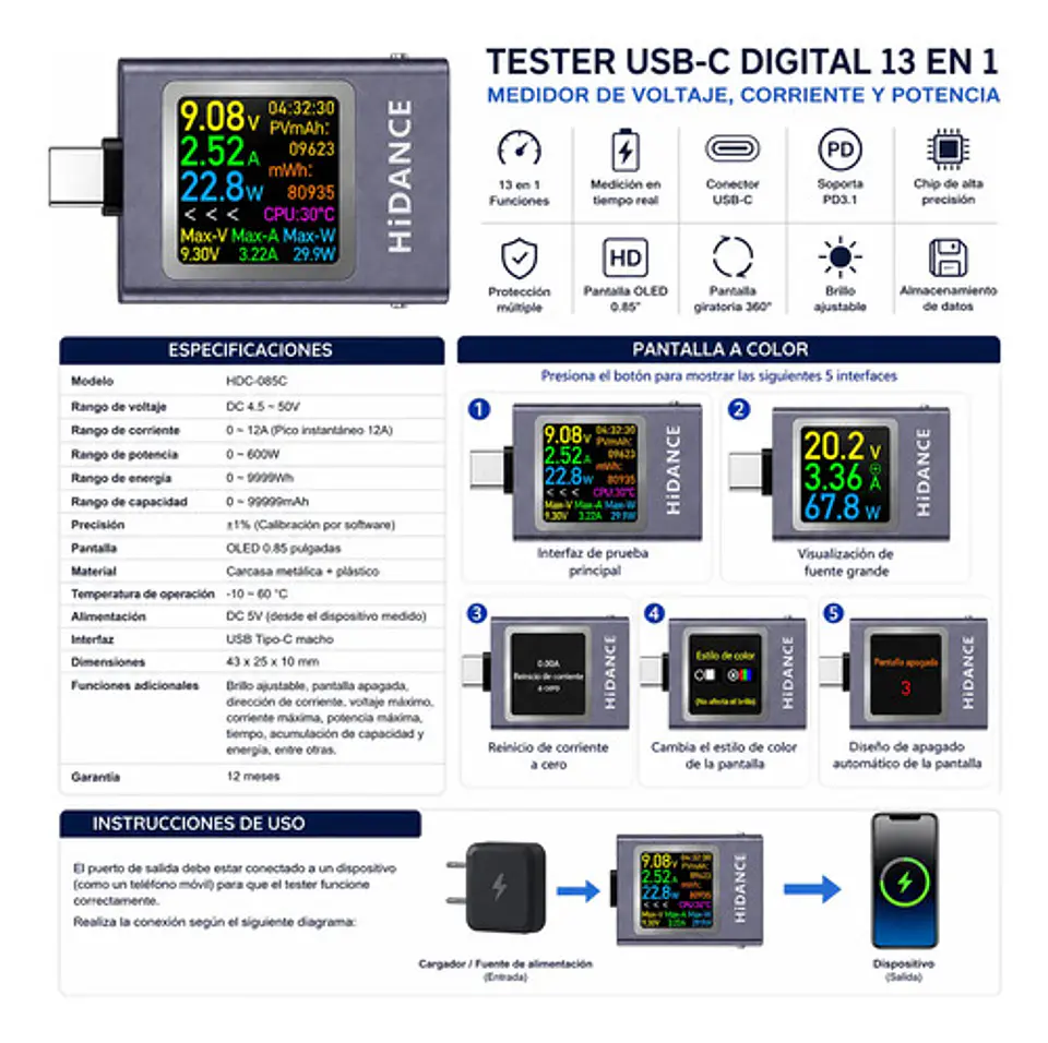 Tester Usb Digital 13 En 1 Pd3.1 Usb-cvoltaje Corriente Pote 5