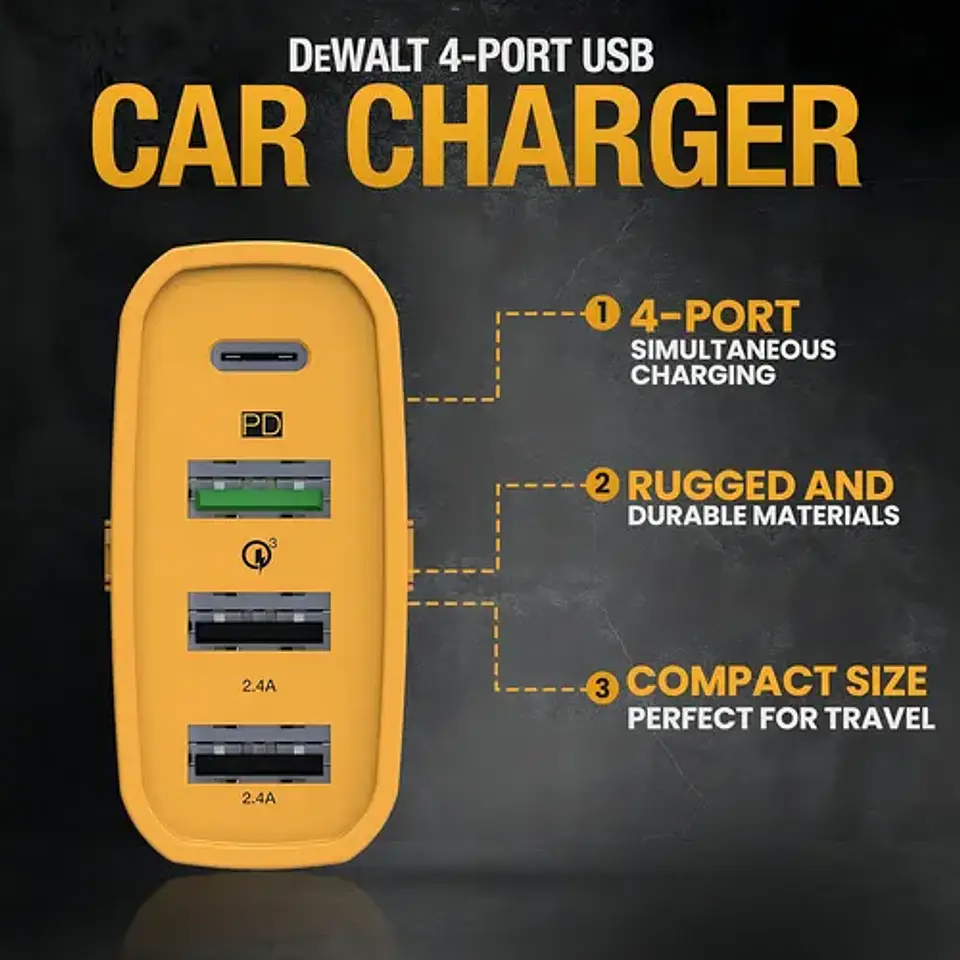 Dewalt Cargador De Carro Usb C De 60 W Y 4 Puertos Compatible Con iPhone 15 - Samsung Para Encendedor De Cigarrillos Amarillo 2