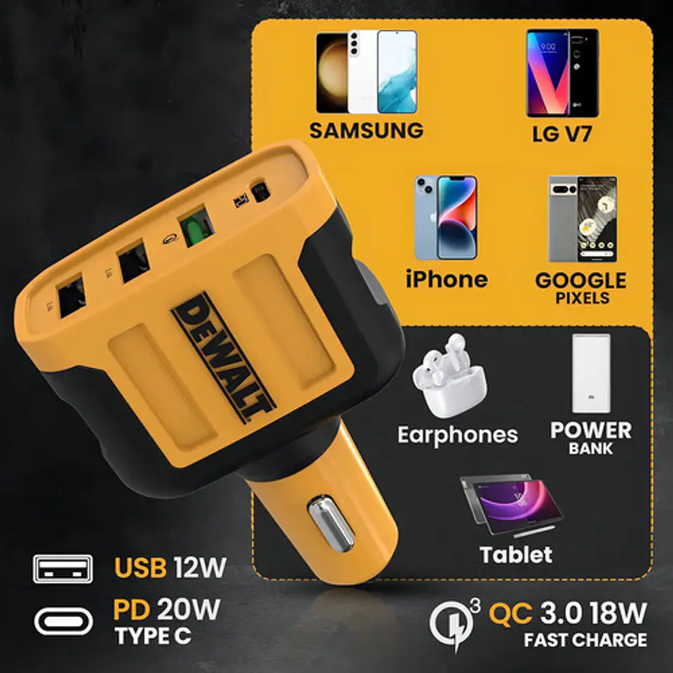 Dewalt Cargador De Carro Usb C De 60 W Y 4 Puertos Compatible Con iPhone 15 - Samsung Para Encendedor De Cigarrillos Amarillo 5