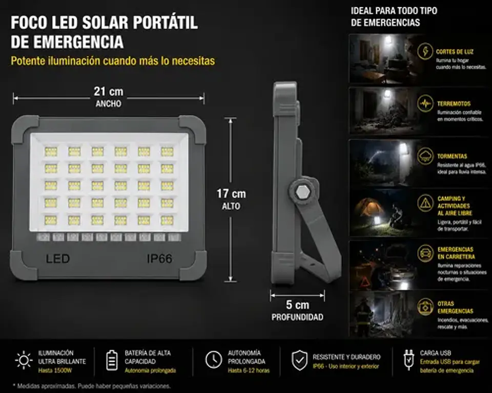 Foco Led Solar Emergencia Led Usb 1500w Ip66 5 Modos Gris 6
