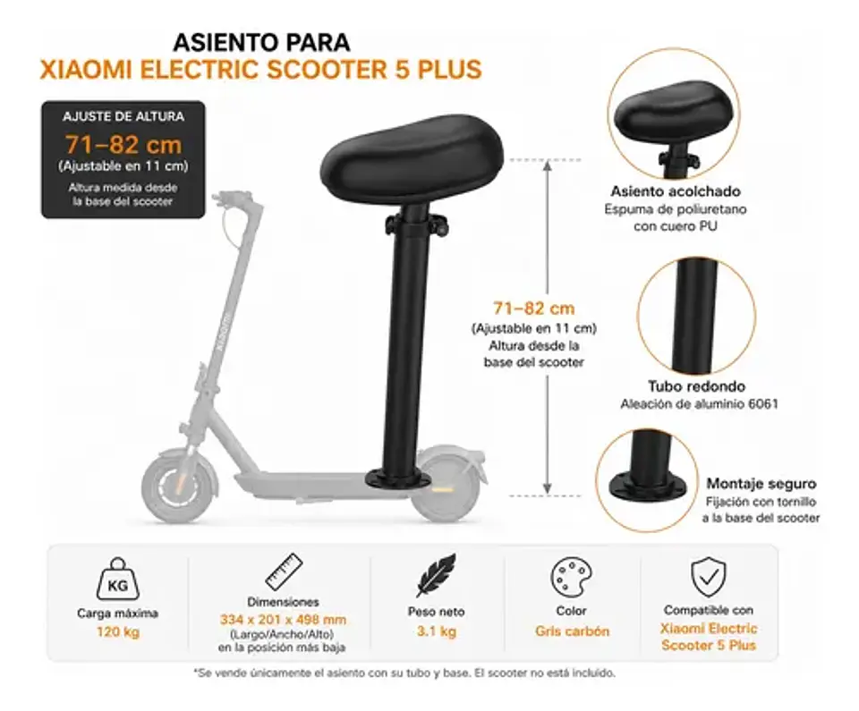 Asiento Original Xiaomi Scooter Eléctrico Scooter 5 Plus 8