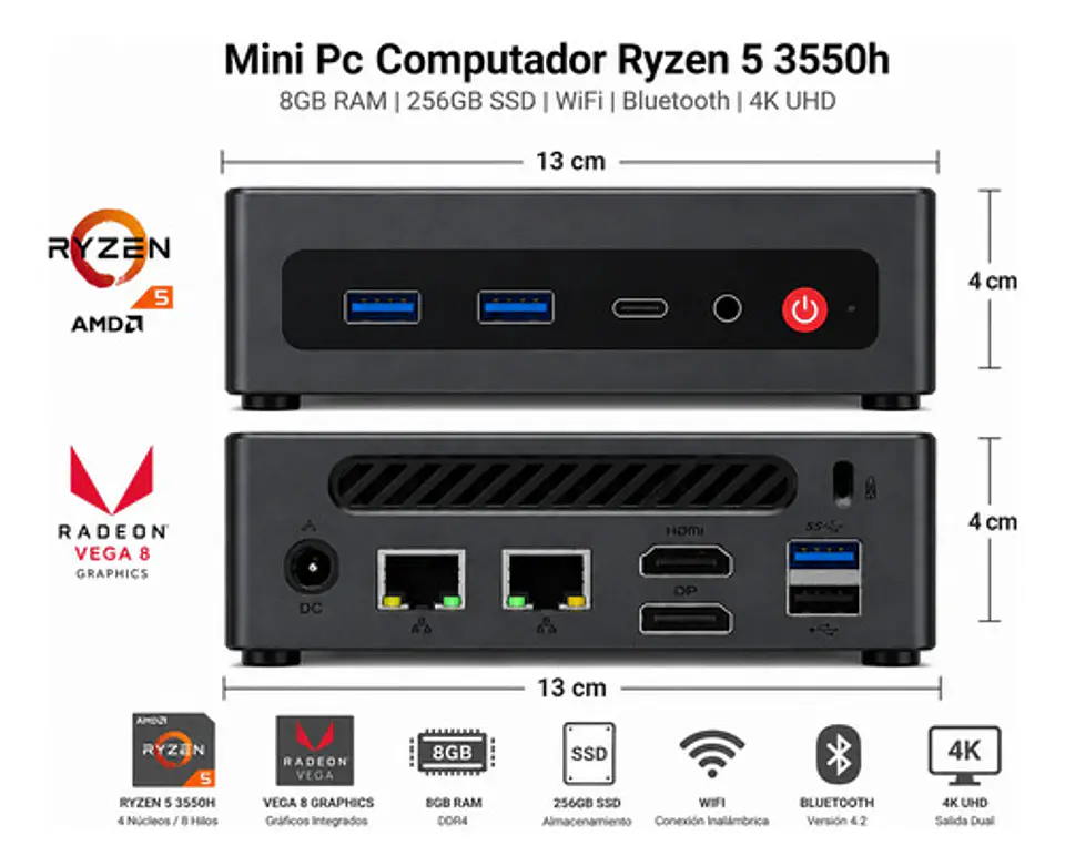 Mini Pc Computador Ryzen 5 3550h 8gb 256gb Ssd Wifi Bt 4k 2