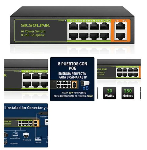 Switch 10 Puertos 8 Poe+ Uplink 8023afat 120w