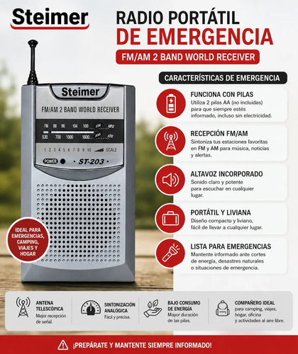 Radio De Emergencia Portátil Steimer St-203 Am/fm Pilas Aaa