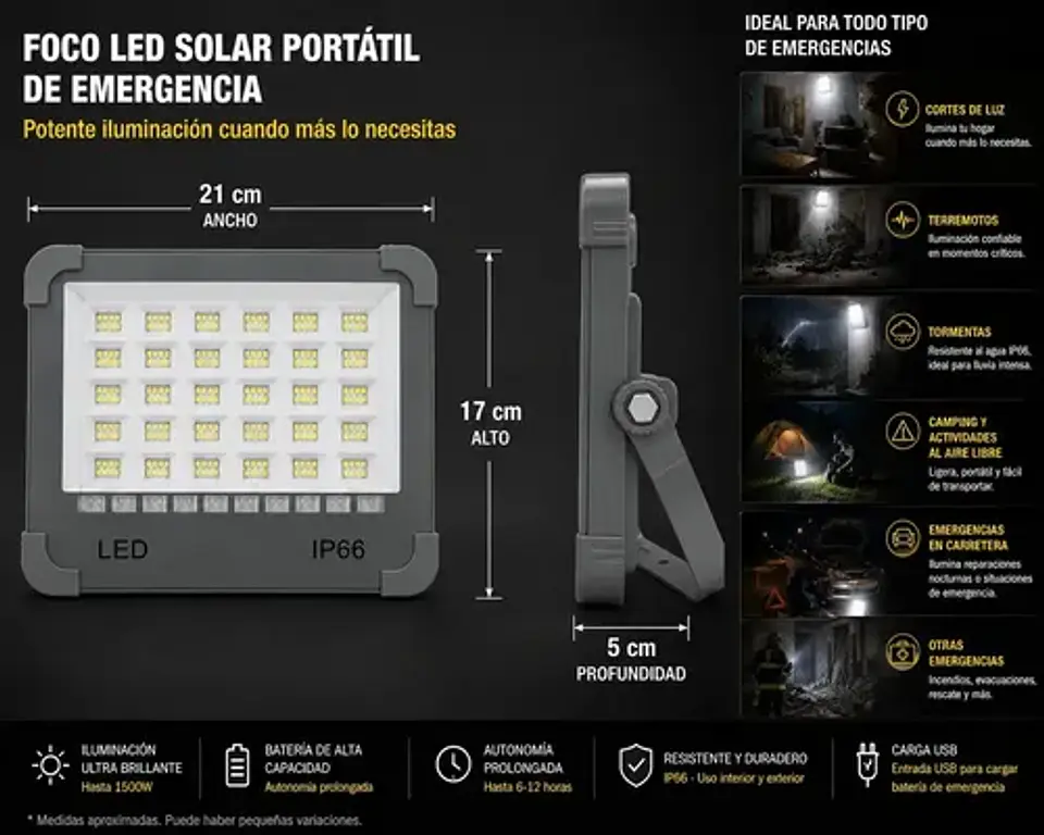 Pack 3 Foco Led Solar Emergencia Led Usb 1500w Ip66 5 Modos Gris Oscuro 7
