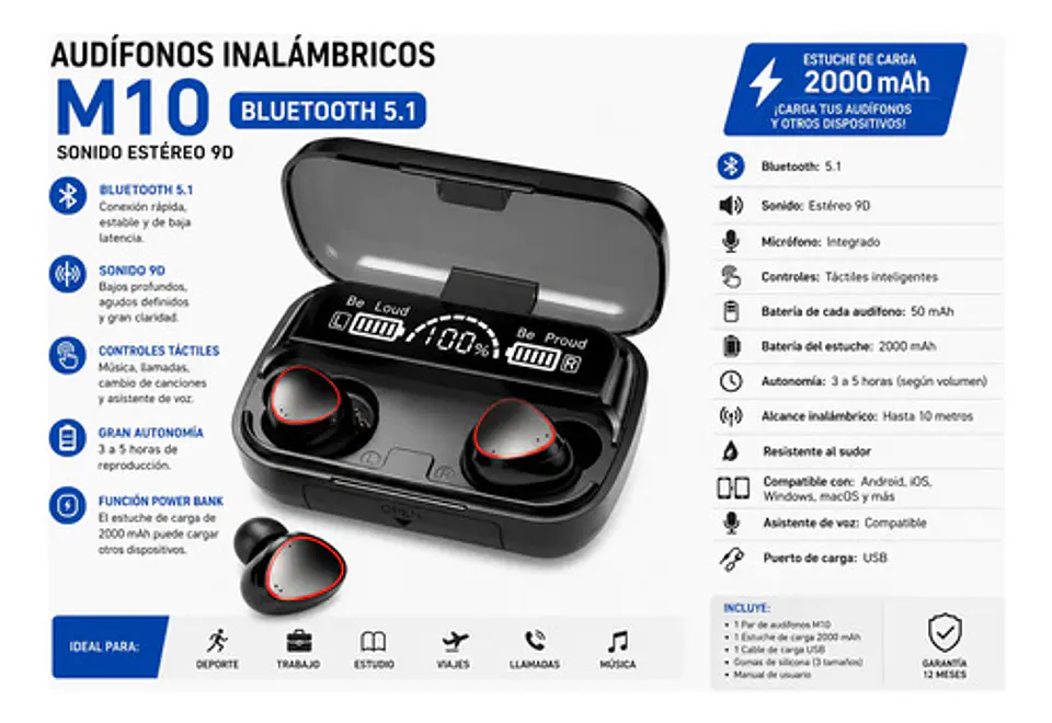 Audífonos Bluetooth 5.1 Newest Power Bank 2000mah 3