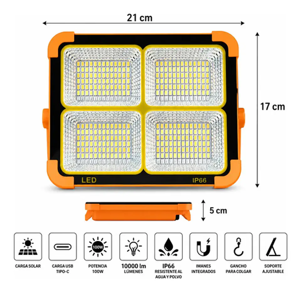 Foco Led Solar 100w 10000 Lm Ip66 Luz Emergencia Recargable Naranja 2