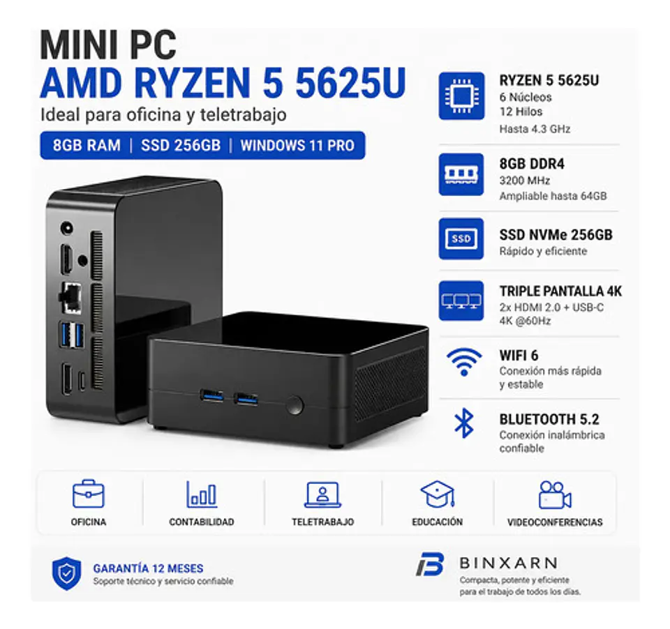 Mini Pc Amd Ryzen 5 5625u 8gb 256gb Ssd Wifi 6 4k 3