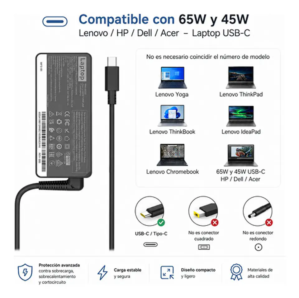 Cargador Notebook Usb-c 65w Para Lenovo Hp Dell Asus 2