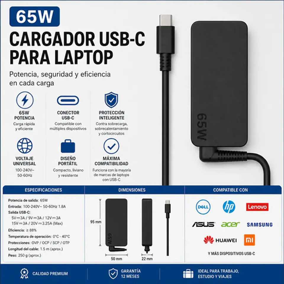 Cargador Notebook Usb-c 65w Para Lenovo Hp Dell Asus 4