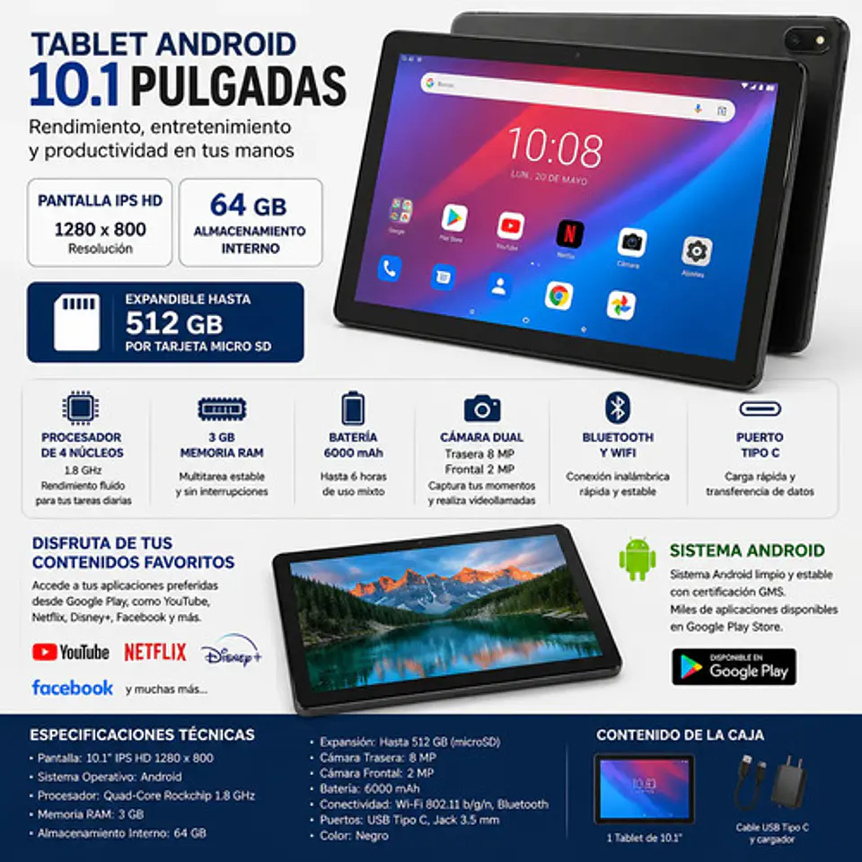 Tablet Android 10.1  M10 64gb 3gb Ram Ips Hd Bluetooth Usb-c 2