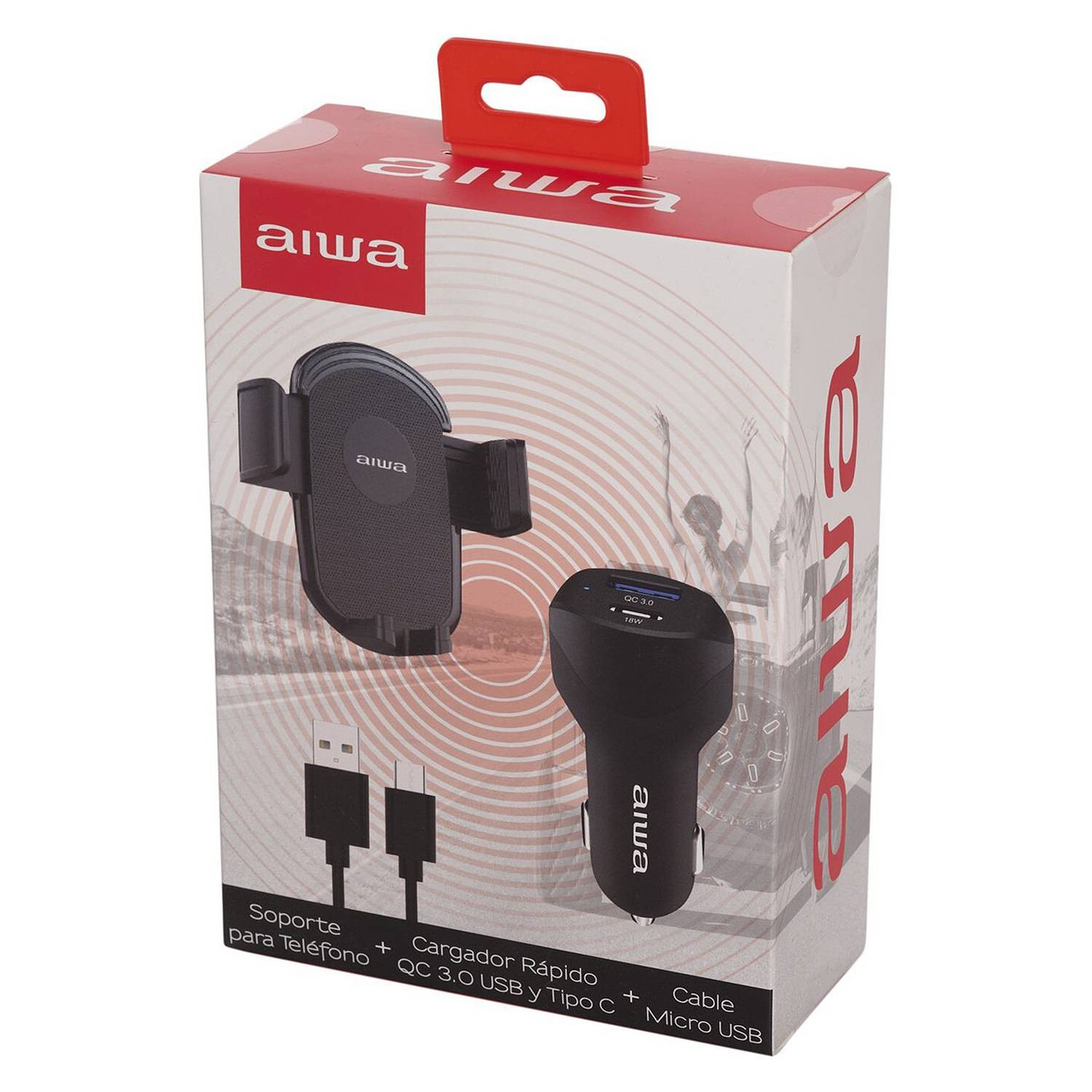 Kit Cargador Auto Aiwa Con Soporte y Cable AW-H73C 3