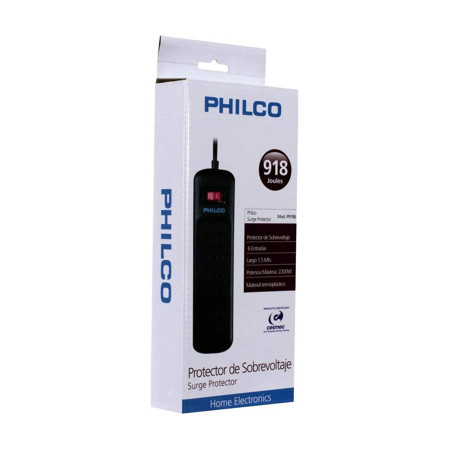 Alargador Protector Sobrevoltaje Philco 918 Joules Negro 2