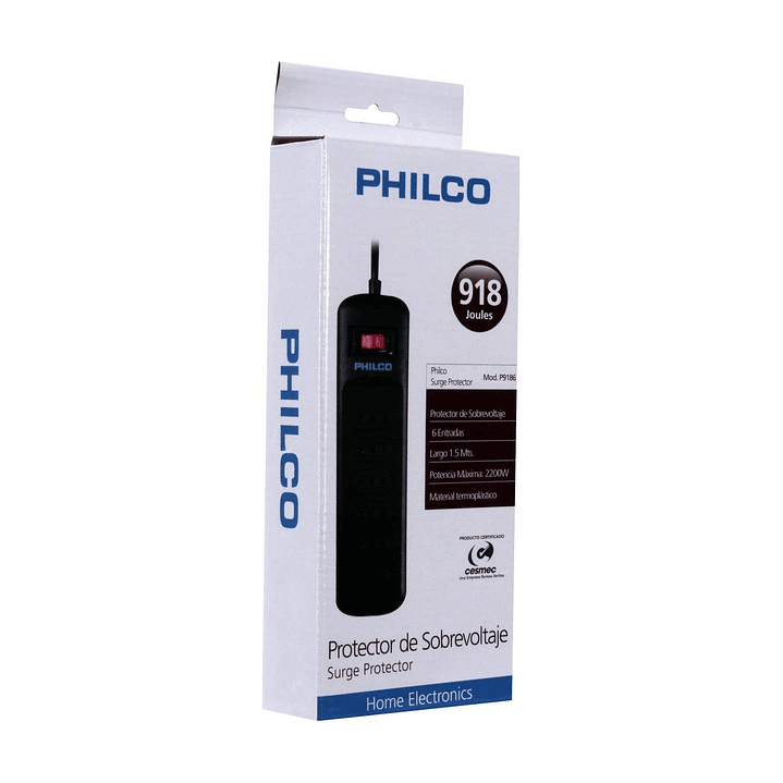 Alargador Protector Sobrevoltaje Philco 918 Joules Negro 2