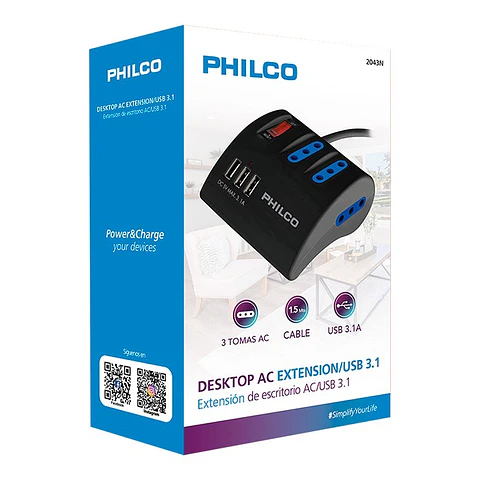 Alargador Extension Philco 3 POS y 3 USB Negro