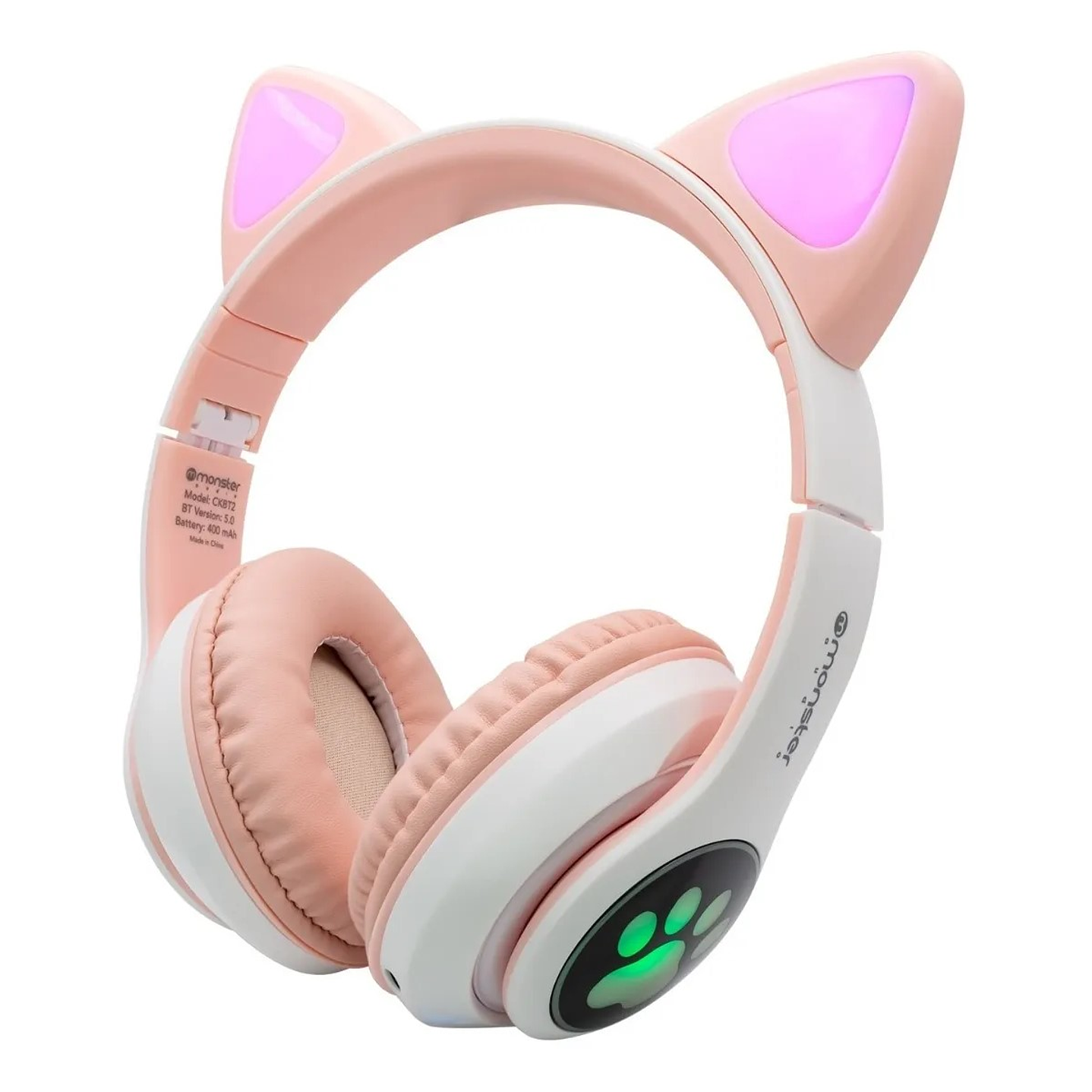 Audifono Wireless Monster Kids Cat Rosa Luz Led 2