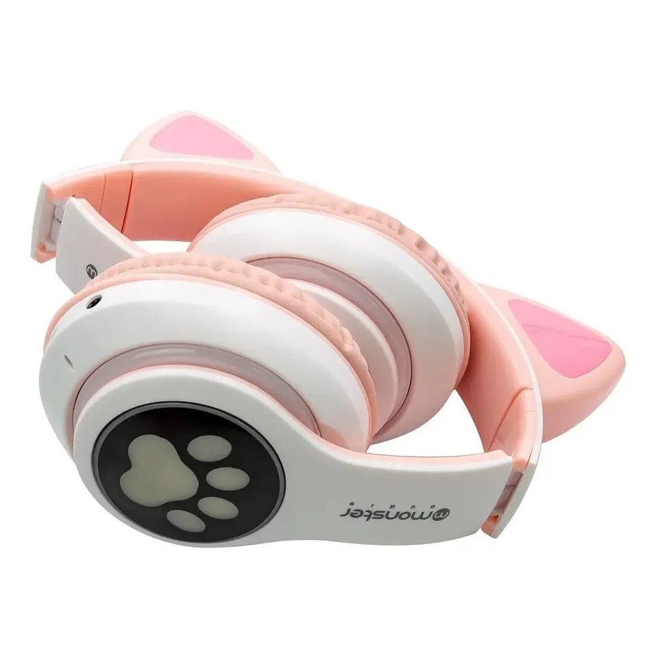 Audifono Wireless Monster Kids Cat Rosa Luz Led 4