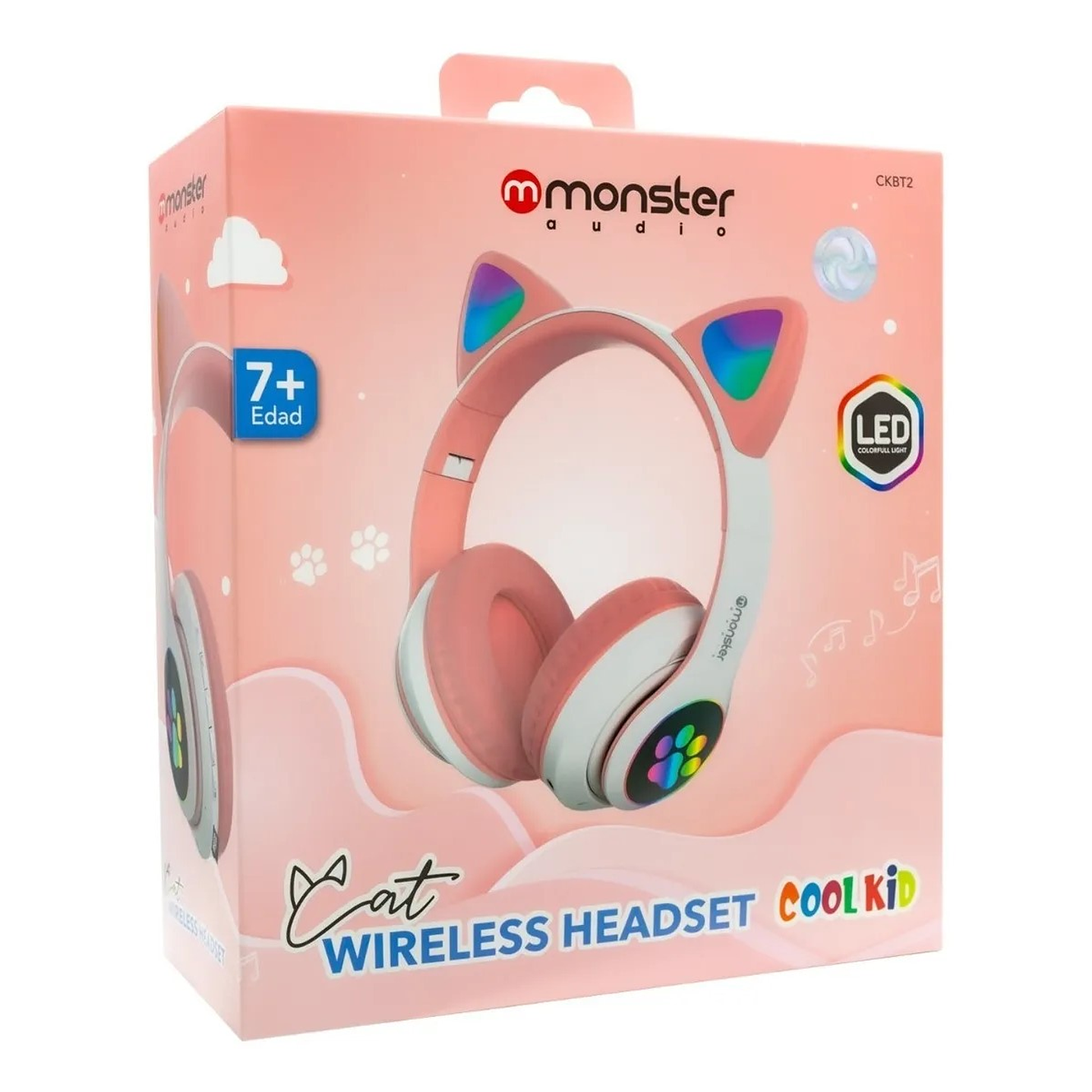 Audifono Wireless Monster Kids Cat Rosa Luz Led 5