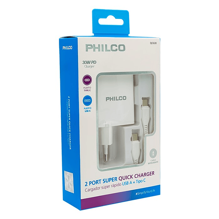 Cargador Super Rapido Philco 30W PD 2