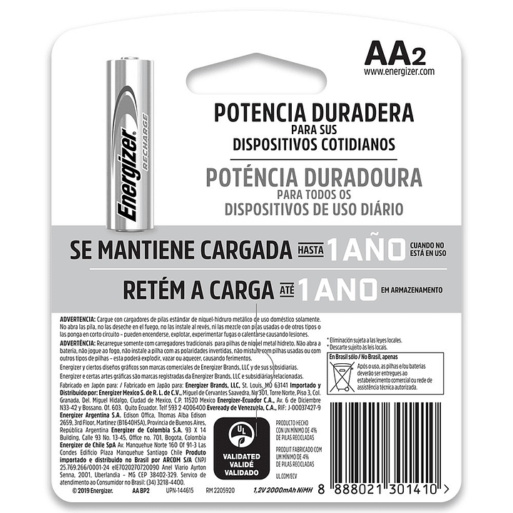 Pack 2 Pilas AA Recargables Energizer 2000mha 2
