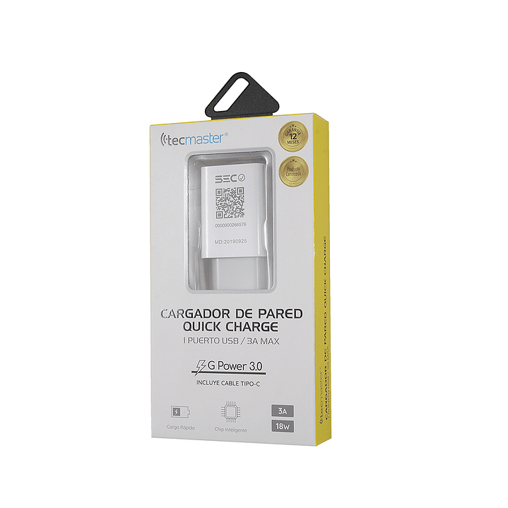 Cargador Pared 1 Usb 3A Tecmaster Blanco 3