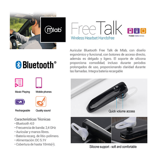 Audífonos Bluetooth Manos Libres Mlab 4.1 Free Talk