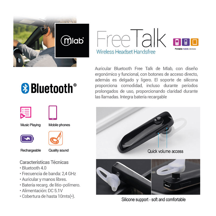 Audífonos Bluetooth Manos Libres Mlab 4.1 Free Talk 5