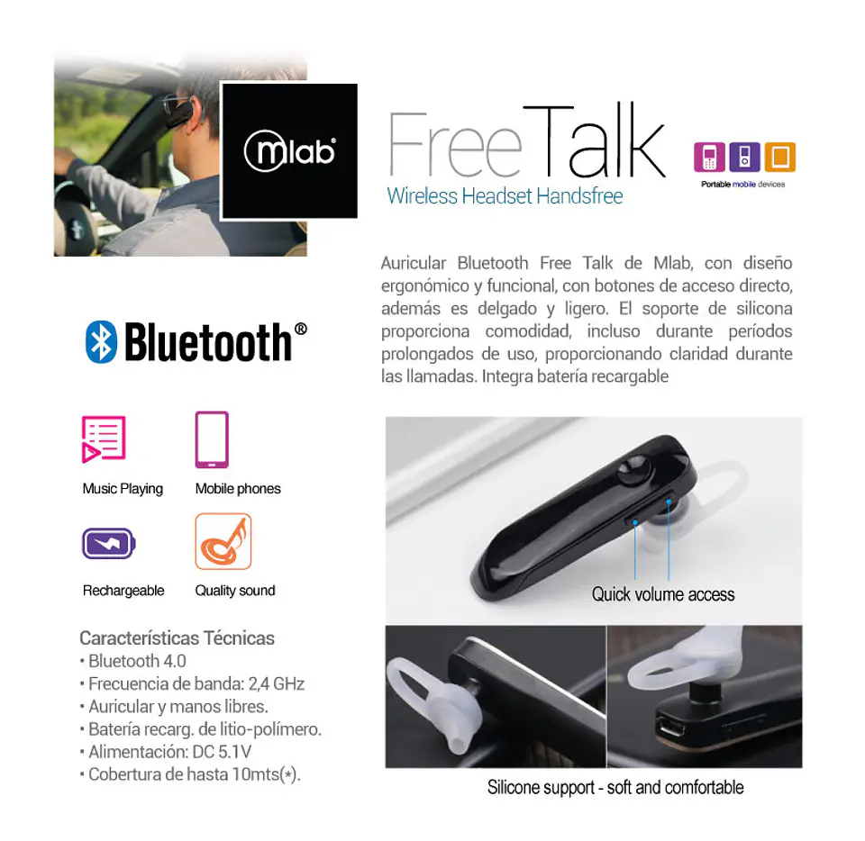 Audífonos Bluetooth Manos Libres Mlab 4.1 Free Talk 5