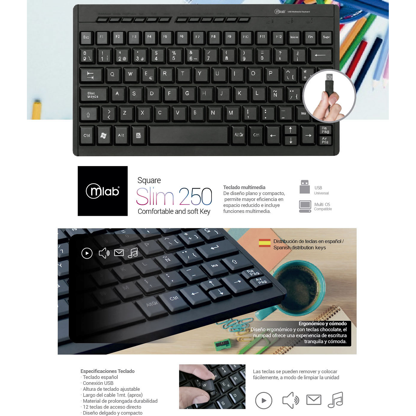 Teclado Multimedia Mlab Square Slim 250 Usb 2