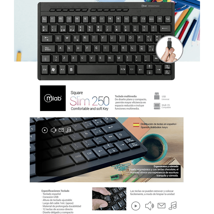 Teclado Multimedia Mlab Square Slim 250 Usb 2