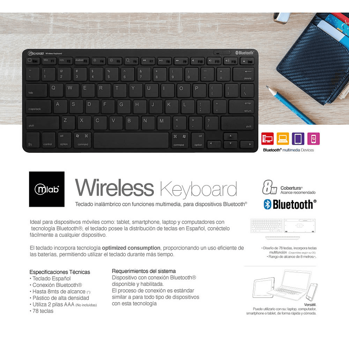 Mini Teclado Bluetooth Mlab 78 teclas 2