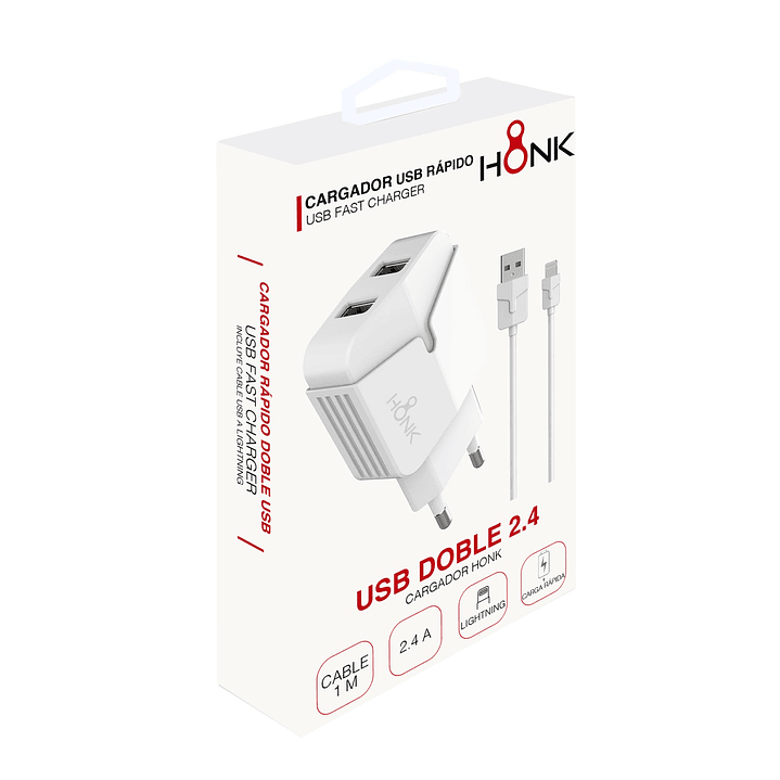Cargador Pared Doble y Cable Lightning Honk 2.4A 2