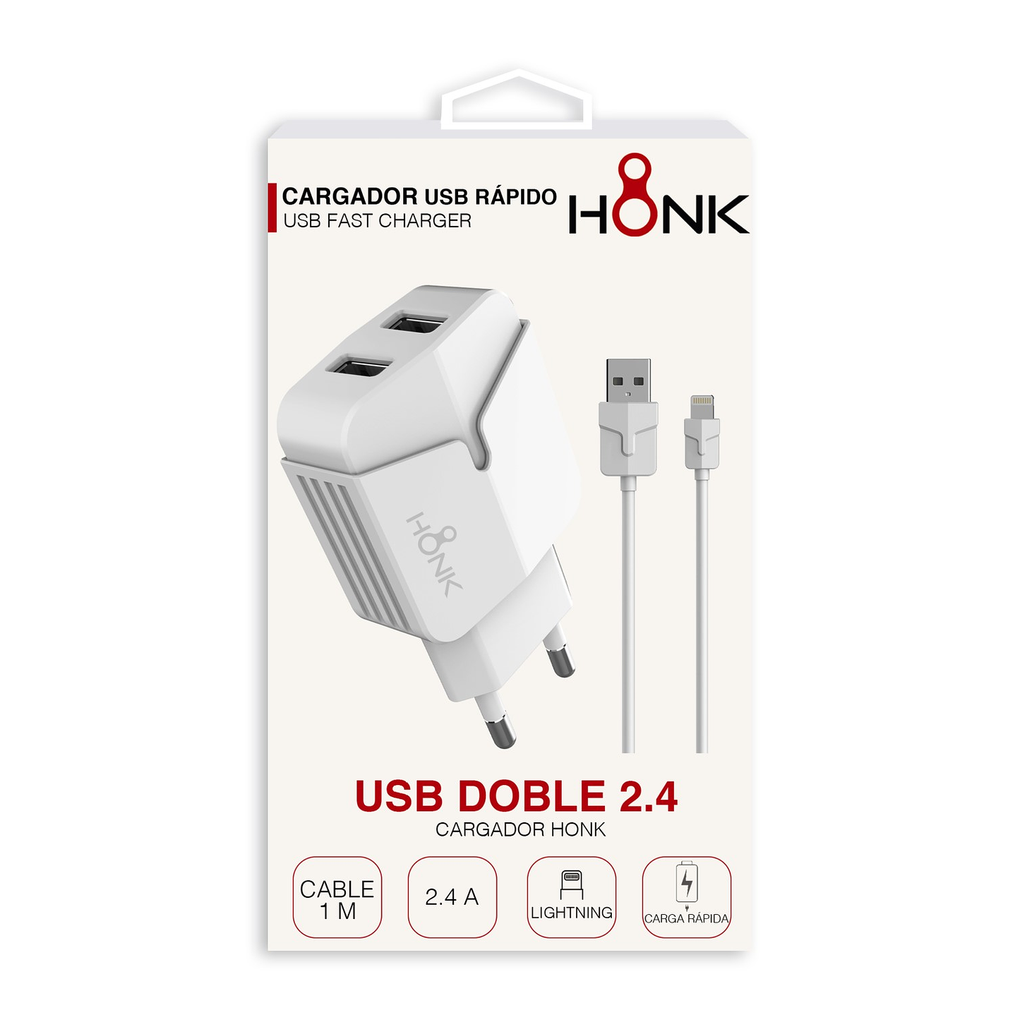 Cargador Pared Doble y Cable Lightning Honk 2.4A 3