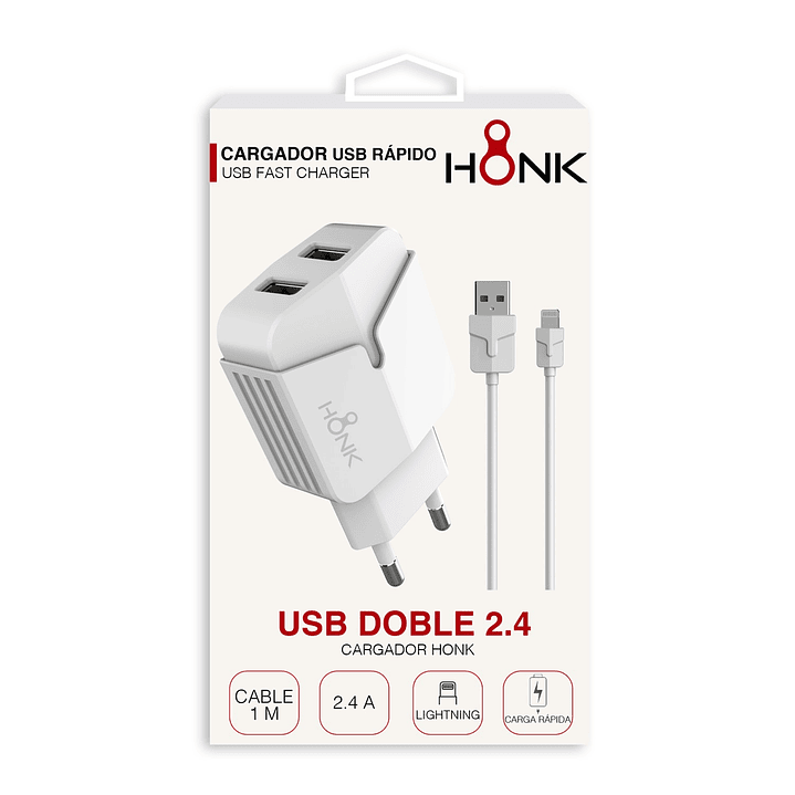 Cargador Pared Doble y Cable Lightning Honk 2.4A 3