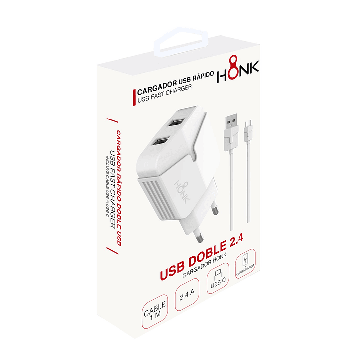 Cargador Pared Doble y Cable Tipo C Honk 2.4A 2
