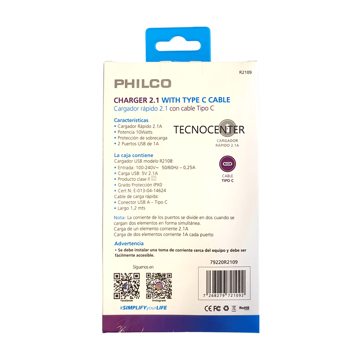 Cargador Pared y Cable Tipo C Philco 2.1A 2
