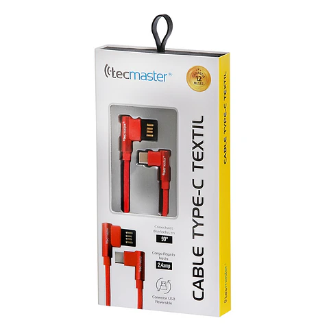 Cable Usb Tipo C Textil 90° Tecmaster Rojo