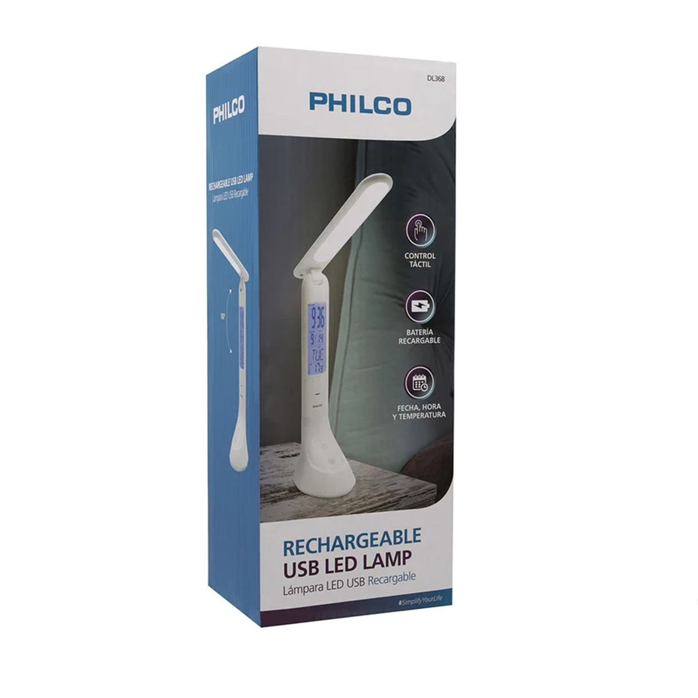 Lampara Led Usb Escritorio C/reloj Recargable Philco Dl368 2