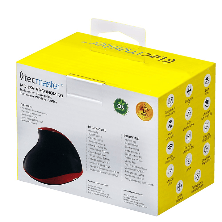 Mouse Ergonómico Tecmaster Inalámbrico Recargable Negro/Rojo 6