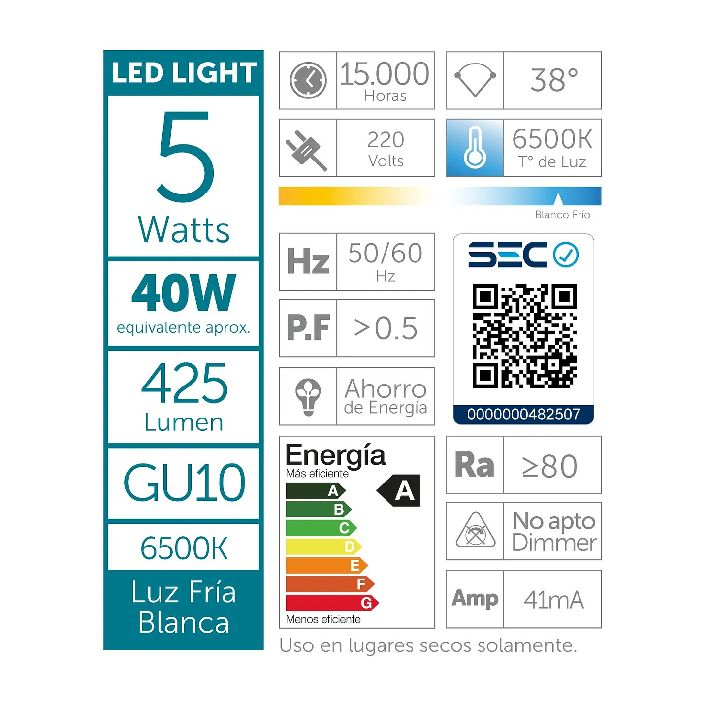 Pack 4 Ampolletas Led Macrotel GU10 5w 6500K Luz Fría 3