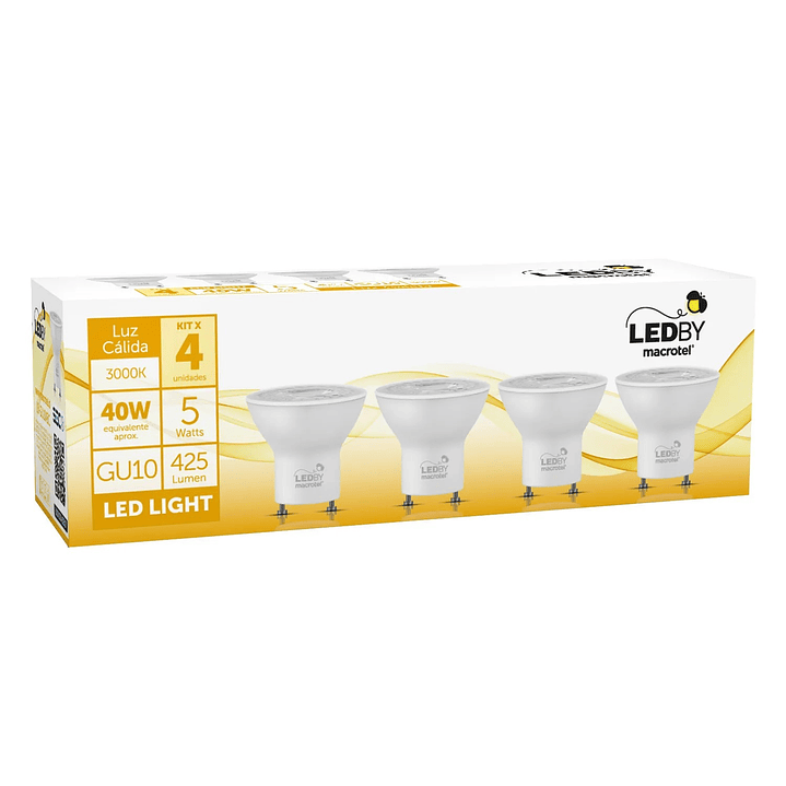 Pack 4 Ampolletas Led Macrotel GU10 5w 3000K Luz Calida 2